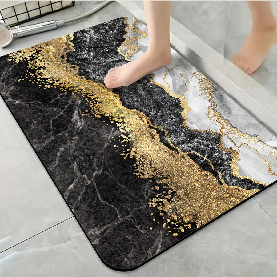 1 Piece Marble Bathroom Rug, Non-Slip Quick Dry Bath Mat for Tub, Shower, Floor and Indoor Outdoor Use, Black and Gold