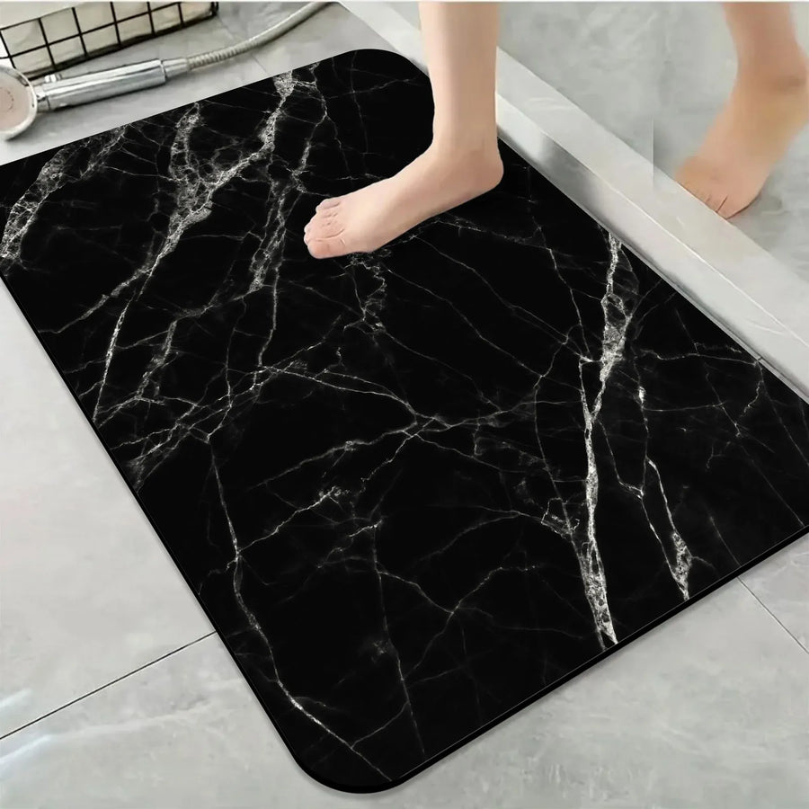 1 Piece Marble Texture Bathroom Rug, Non-Slip Quick Dry Bath Mat for Tub, Shower, Floor and Indoor Outdoor Use, Black