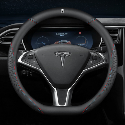 Fits Tesla model3/y/modelx/s steering wheel cover - Tesla special D-shape (two-color line) with logo - 36cm/1pc, Made of Fabric