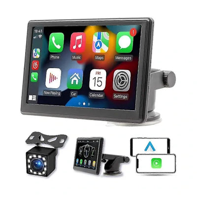 Portable Wireless CarPlay Screen for Dashboard, 7 Inch Touch Screen Car Stereo Bluetooth, FM Car Radio, Rear View Camera, USB, Black Color