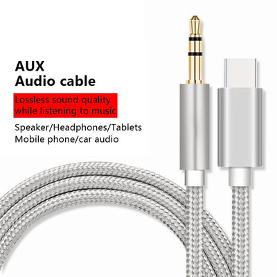 AUX Cable USB-C Type-C to 3.5 mm Jack Adapter for Mobile Phone Accessories, Silver Audio Cable, Black/Silver Color Options
