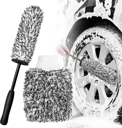 Rim Brush - Car Wheel Brush with Car Wash Mitt - Microfiber Rim Brush - Tire Brush - Wheel Brush - Rim Cleaner
