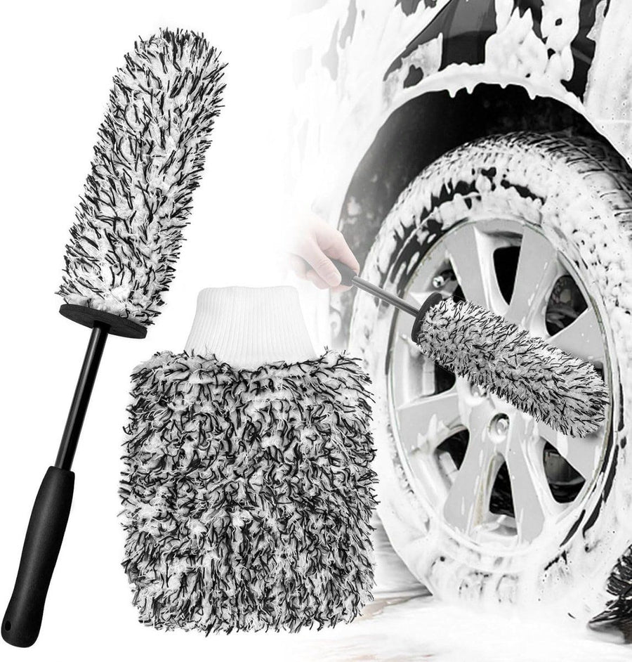 Rim Brush - Car Wheel Brush with Car Wash Mitt - Microfiber Rim Brush - Tire Brush - Wheel Brush - Rim Cleaner
