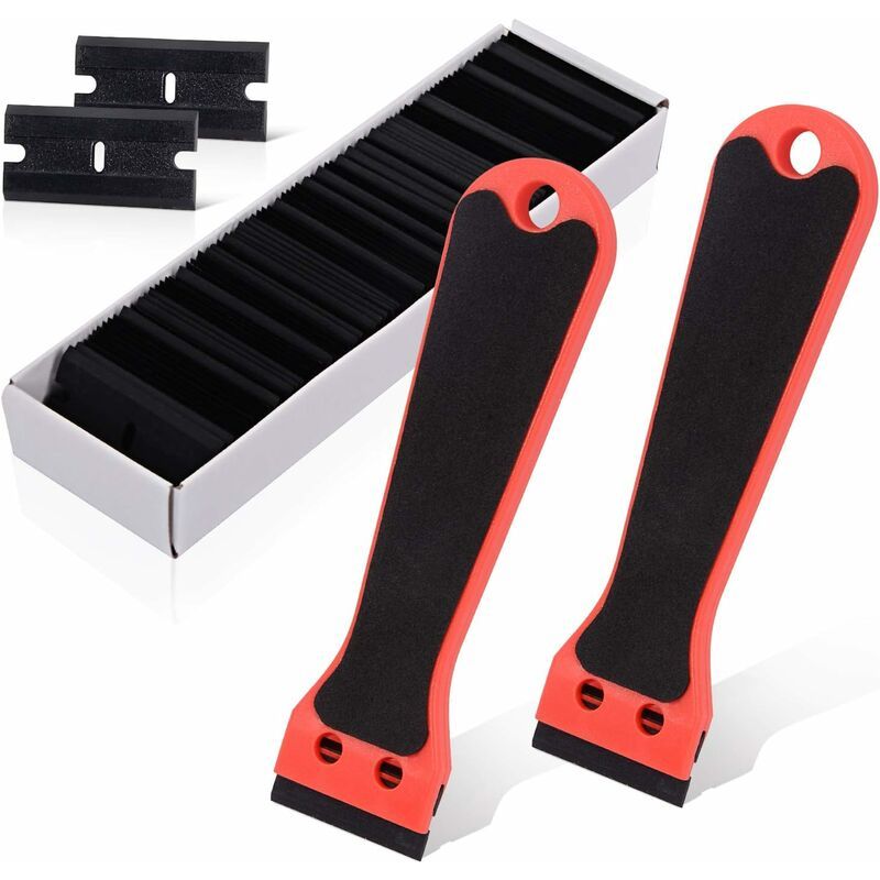 Plastic Scraper with 100 Squeegees, Long Handle Scrapers, for Removing Labels, Glue, Paint, Stickers and Decals, Red, Red Color