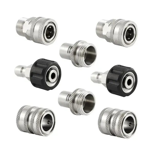 Stainless Steel Pressure Washer Quick Connect Kit, m22 14mm To 3/8in Quick Connect, 3/4in To 1/2in Qu, Stainless Steel + Brass material, Silver Color