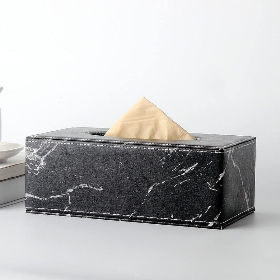 Leather Tissue Box Holder Waterproof Rectangular Tissue Box Cover for Home Office and Car Decor Black Marble Pattern