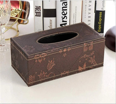 Leather Tissue Box Holder Waterproof Rectangular Tissue Box Cover Vintage Floral Design for Home Office and Car Brown