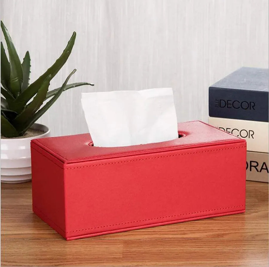 Leather Tissue Box Holder Waterproof Rectangular Tissue Box Cover for Home Office and Car Decor Red, Waterproof Design