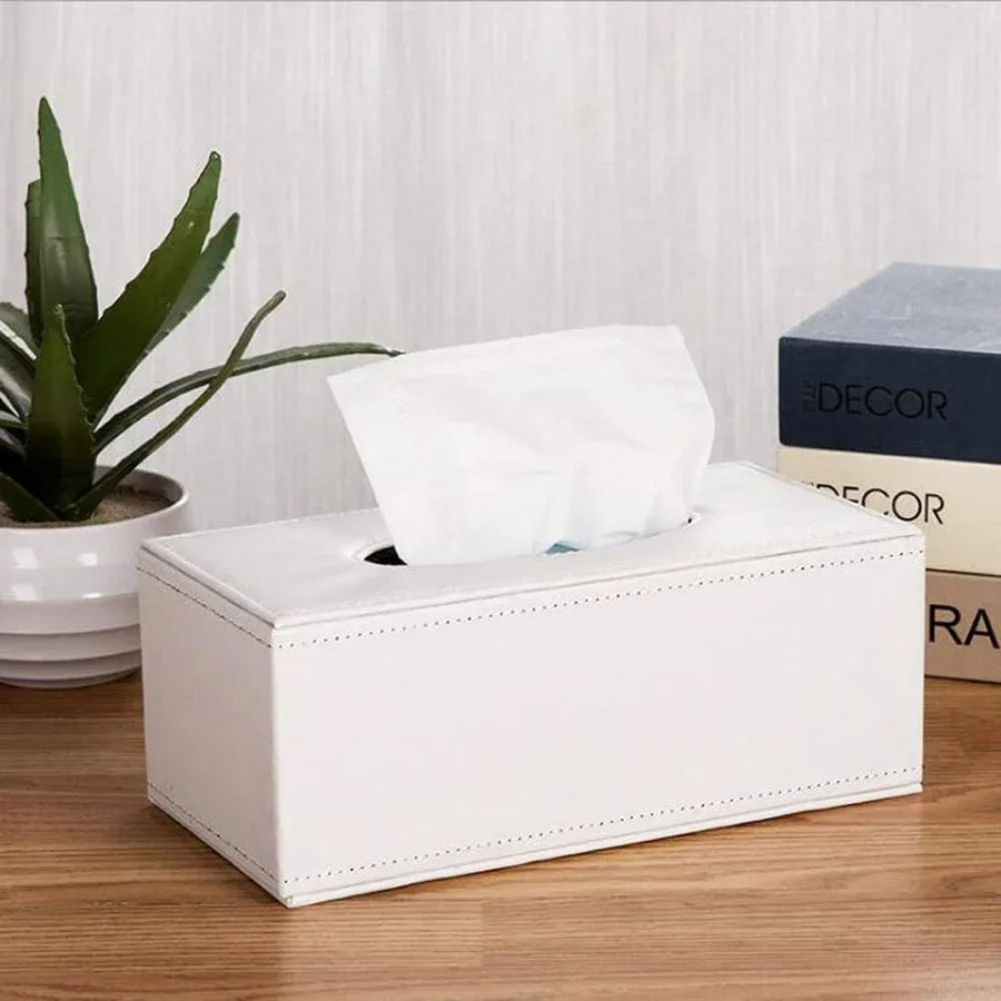 Leather Tissue Box Holder, Waterproof Rectangular Tissue Box Cover for Home Office and Car Decor, White, Waterproof Design