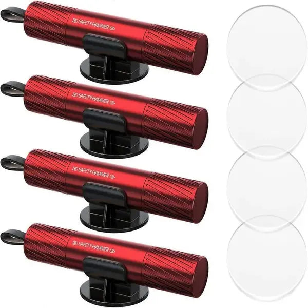 4 Pack Emergency Hammer and Seat Belt Cutter for Car Escape Safety Tool, Key Ring Size with Mounting Base, Red