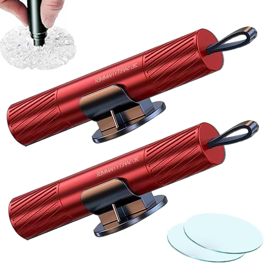 2 Pack Emergency Hammer and Seat Belt Cutter for Car Escape Safety Tool, Key Ring Size with Mounting Base, Red