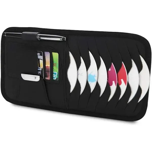Car Sun Visor Organiser, CD/DVD Holder Storage Bag with Wallet Clip and Glasses Holder for Cards Documents and Small Items
