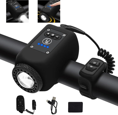 Electronic Bicycle Horn with Front Light, USB-C Rechargeable Bike Bell with Remote Button, Adjustable Volume, 6 Sounds, Black