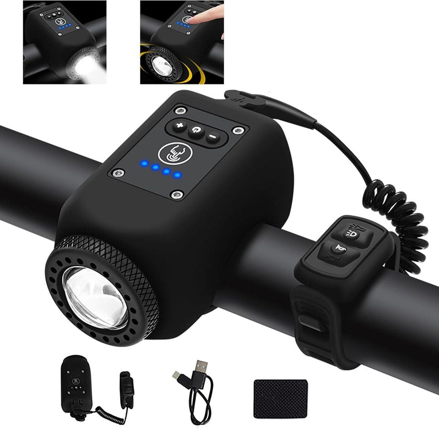 Electronic Bicycle Horn with Front Light, USB-C Rechargeable Bike Bell with Remote Button, Adjustable Volume, 6 Sounds, Black