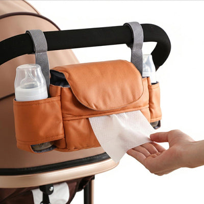 Universal Stroller Storage Bag, with Tissue Front Pocket, Built-in Cup Holder, Can Be Hanged on the Stroller, Brown