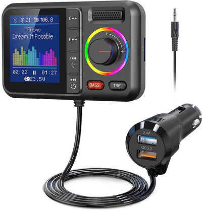 Bluetooth adapter for car use with FM transmitter, Bluetooth V5.0, large screen, supports hands-free calling, Siri and Google, Black