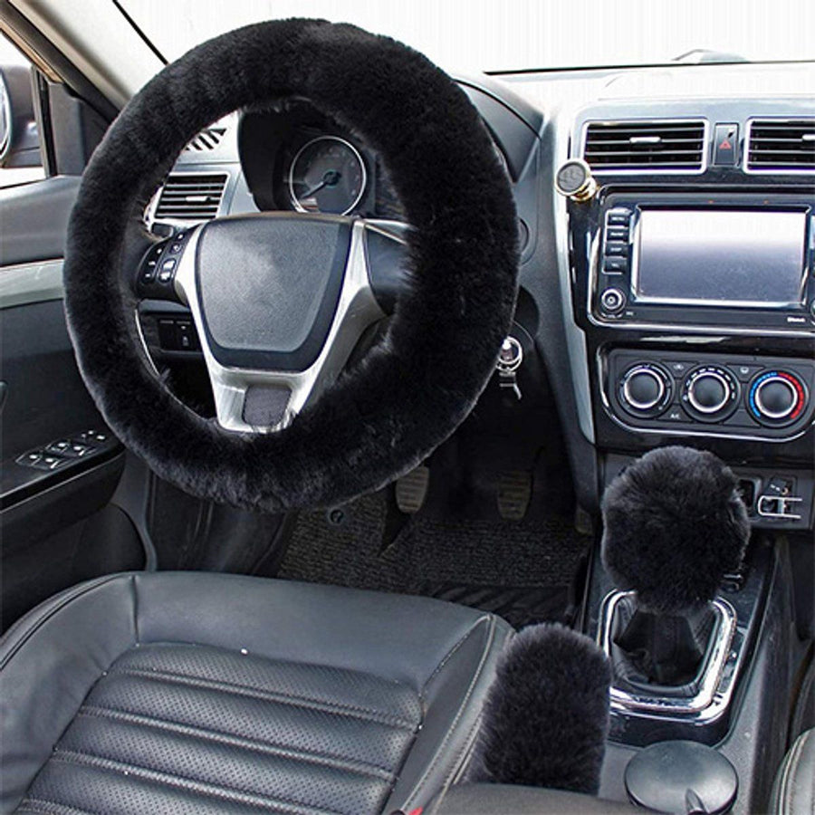 3 Pieces, Plush Steering Wheel Cover Set with Handbrake Cover and Gear Shift Cover for Winter Car Interior, 38 cm, Black