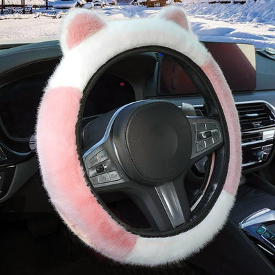 Winter Steering Wheel Cover, Plush Cat Ear Fleece Steering Wheel Warmer for Frost Protection and Soft Grip, 37-38 cm, White and Pink