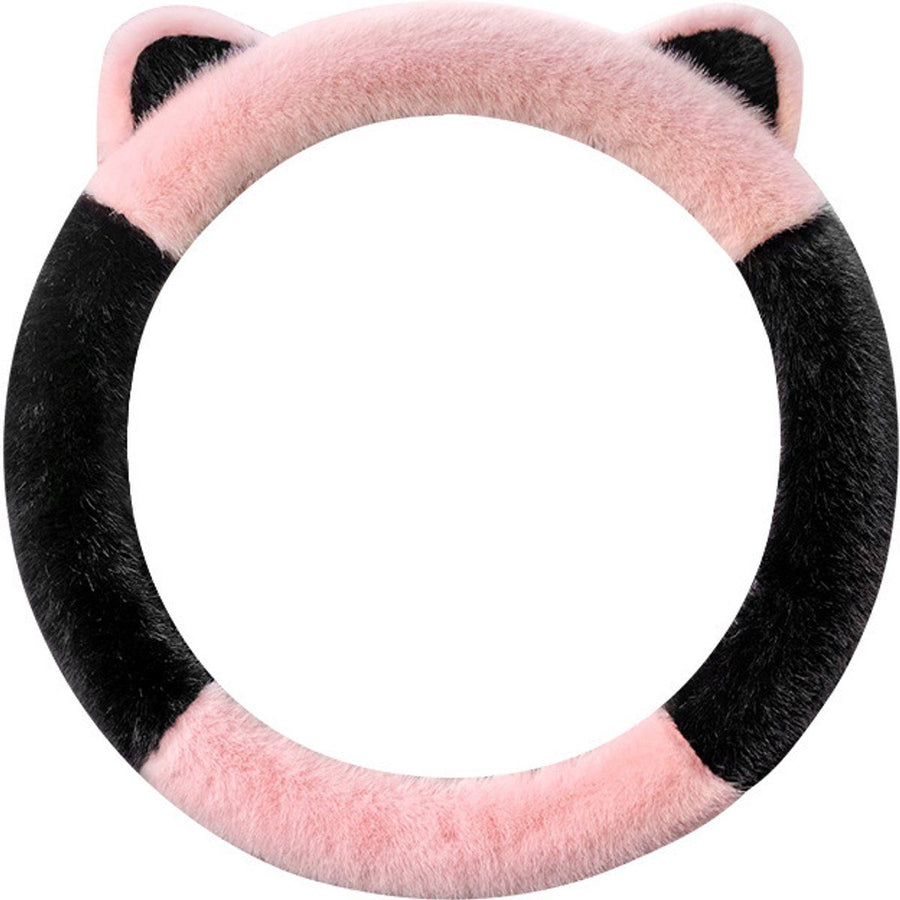 Winter Steering Wheel Cover, Plush Cat Ear Fleece Steering Wheel Warmer for Frost Protection and Soft Grip, 37-38 cm, Black and Pink