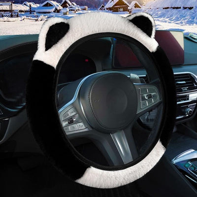 Winter Steering Wheel Cover, Plush Cat Ear Fleece Steering Wheel Warmer for Frost Protection and Soft Grip, 37-38 cm, Black and White
