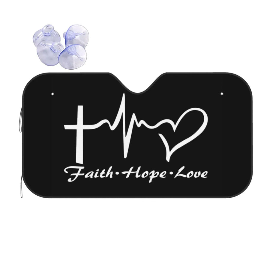 Faith Hope Love Heart Universal Accordion Folding Aluminum Windshield Sunshade 51" x 27.5", Reflective Car Shade for SUV and Truck