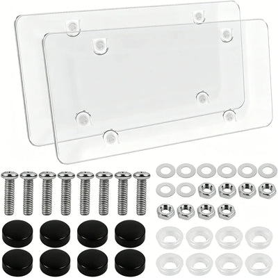 2 Pieces Clear License Plate Covers Flat Vehicle Tag Frame Protector with Screws and Caps Universal for Sedan, SUV, RV, 12.2 x 6.3 Inches, Transparent