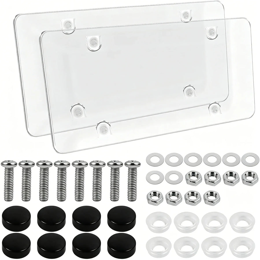 2 Pieces Clear License Plate Covers Flat Vehicle Tag Frame Protector with Screws and Caps Universal for Sedan, SUV, RV, 12.2 x 6.3 Inches, Transparent