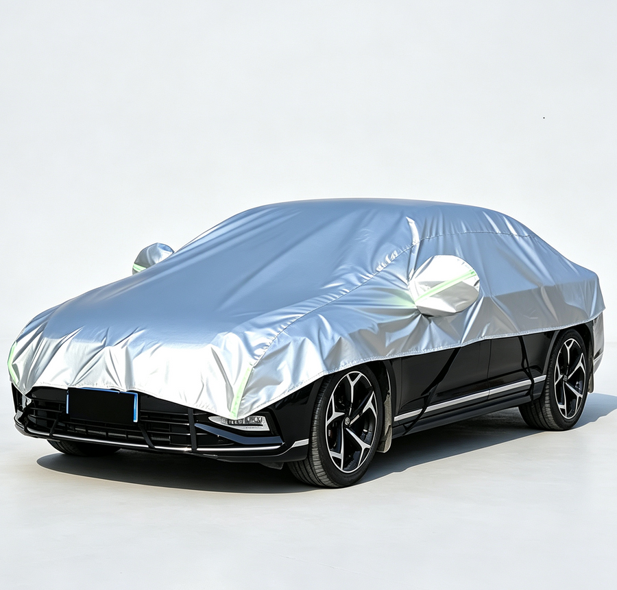 Half Car Cover Sedan with Green Reflective Strip,All Weather Car Body Cover for Sun, Rain, Dust(Fit hatchbacks Length 3.8m to 4.3m)-silver