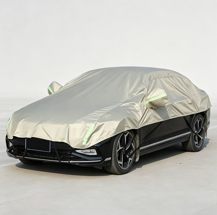 Half Car Cover Sedan with Green Reflective Strip,All Weather Car Body Cover for Sun, Rain, Dust(Fit hatchbacks Length 3.8m to 4.3m)-Sand gold