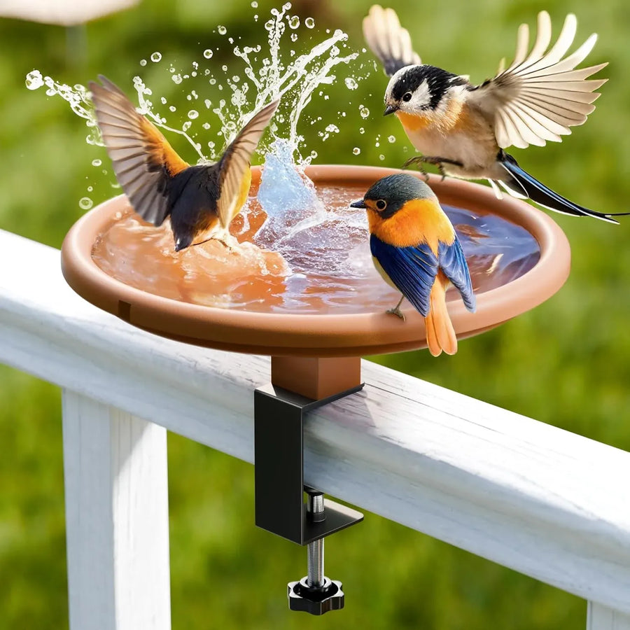 12 Inch Adjustable Bird Bath Bowl with Deck Mount, Tool Free Setup for Balcony Railing and Outdoor Garden, Brown