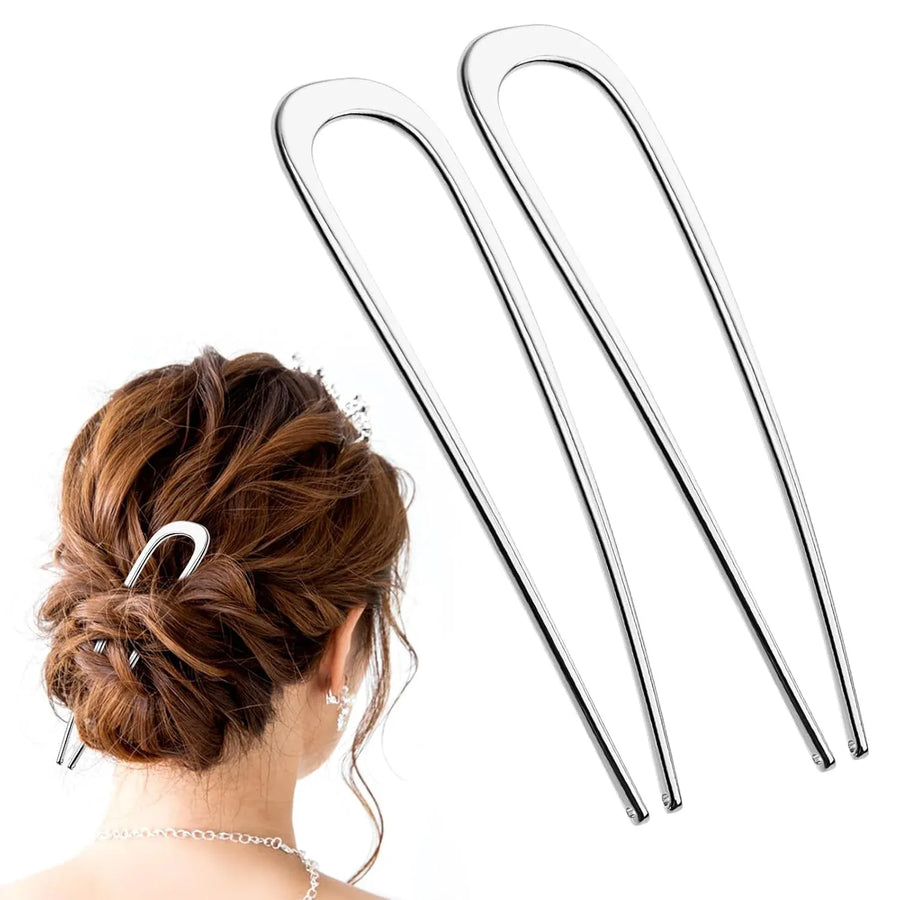 French Hair Pins 2 Pack Large Metal U Shaped Twist Sticks for Thick Hair Women Hair Accessories, Silver 5.5 Inch