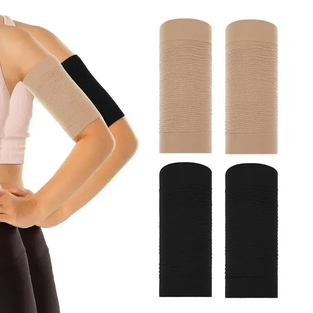 Women Arm Compression Sleeves 4 Pairs Elastic Slimming Upper Arm Shaper Wraps for Sports and Daily Wear Black Beige
