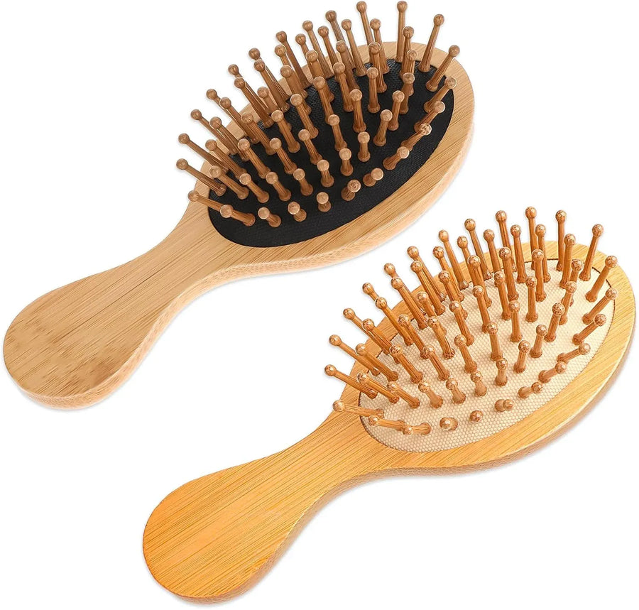 2 Pcs Mini Bamboo Hair Brush Set, Anti Static Detangling Scalp Massage Pocket Comb for Daily Hair Care, Natural Wood