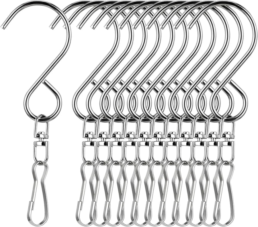 12 PCS Swivel Hanging Hooks Clips, 360 Degree Rotating Stainless Steel for Wind Chimes Bird Feeders Outdoor Ornaments, Silver