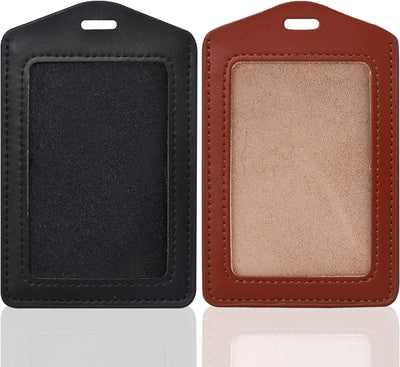 2 Pack Genuine Leather ID Badge Holders, Vertical Single Sided Clear Window for Office Staff and Employees, Brown Black