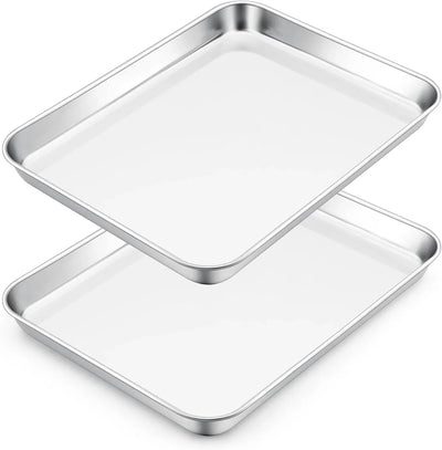 Stainless Steel Toaster Oven Trays, 2 Pack Small Non Toxic Baking Cookie Sheets for Cake Baking, Dishwasher Safe, 16"x 12" Size
