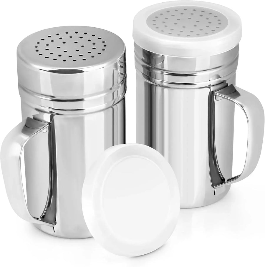 2 Pack Stainless Steel Salt and Pepper Dredge Shakers with Handle and Spice Lids for Kitchen and Dining 14 Ounce