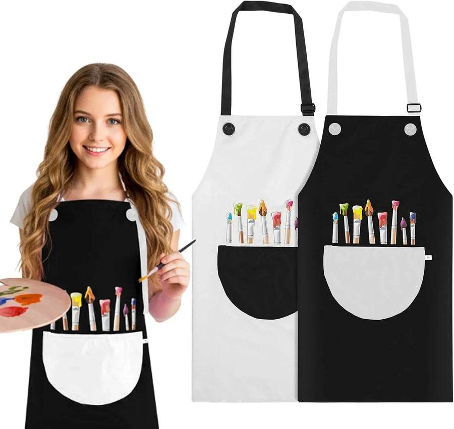 2 Pcs Kids Art Aprons, Adjustable Waterproof Bib Aprons with Large Pockets for Boys Girls Painting Cooking Gardening, Black White