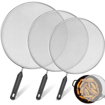 Stainless Steel Splatter Screens Set, Mesh Oil Grease Guards with TPR Handles for Frying Pans, 9.8 11.4 13 Inch, 3 Pack