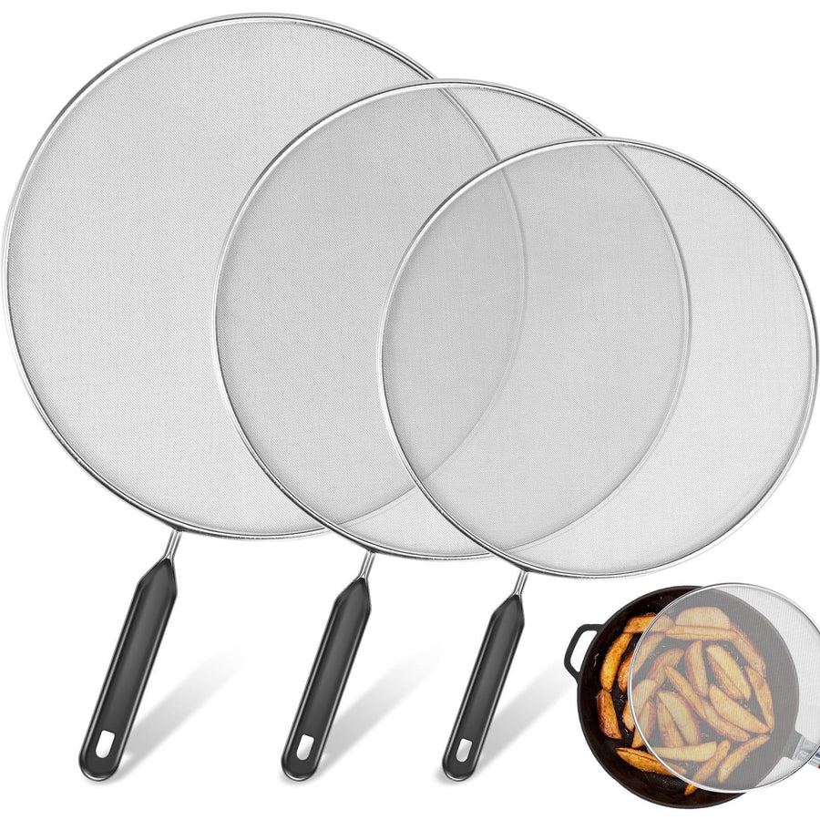 Stainless Steel Splatter Screens Set, Mesh Oil Grease Guards with TPR Handles for Frying Pans, 9.8 11.4 13 Inch, 3 Pack