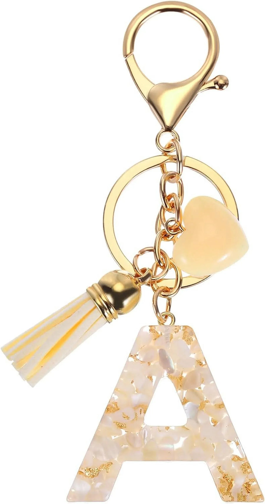 Letter A Keychain with Tassel and Bead Charm, Gold Tone Initial Bag Charm for Keys and Handbags, Cream White, Daily Comfort Use