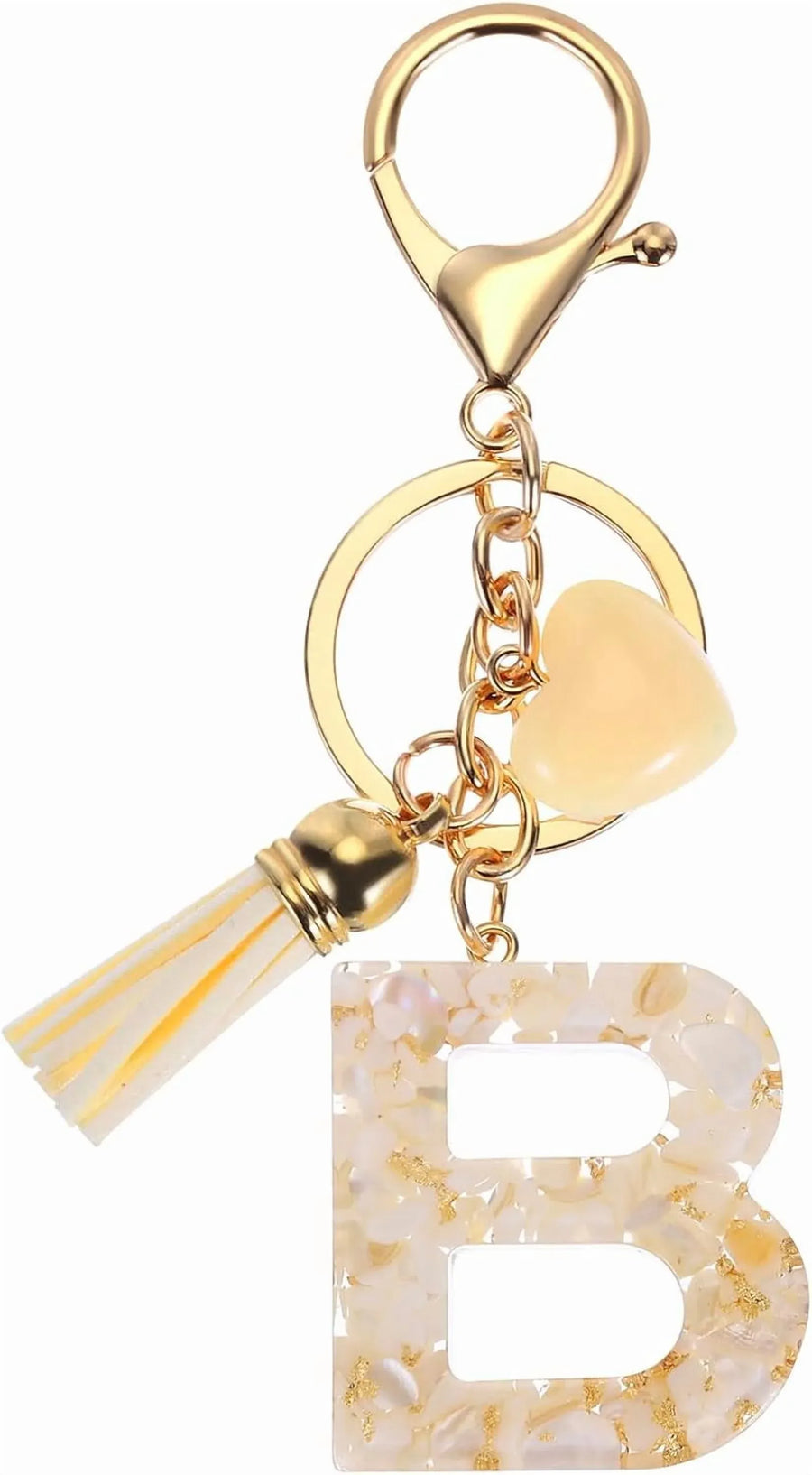 Initial B Keychain with Tassel and Bead Charm for Bag Purse Backpack Keys, Gold Tone Beige, Daily Comfort Use, for Men Women and Everyday Wear