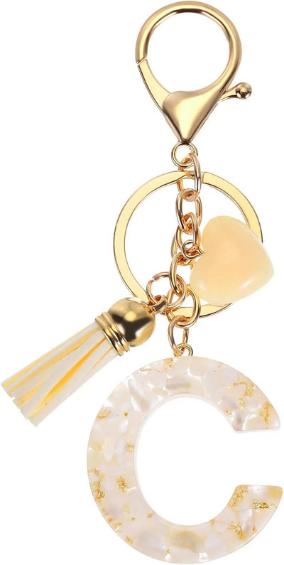 Initial Letter Keychain with Tassel and Lobster Clasp for Bag Purse Keys, Cream Gold C, Letter C Option, Daily Comfort Use