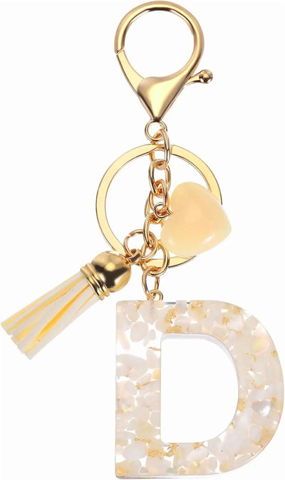 Initial Letter Keychain with Tassel and Lobster Clasp for Keys and Bags, Gold White D, Letter D Option, Daily Comfort Use