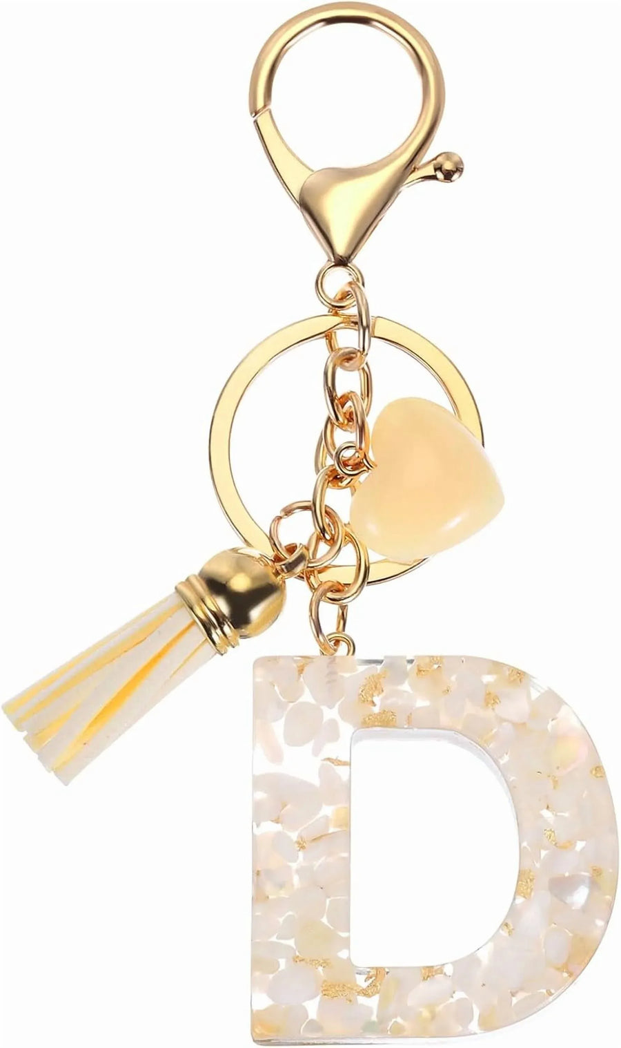 Initial Letter Keychain with Tassel and Lobster Clasp for Keys and Bags, Gold White D, Letter D Option, Daily Comfort Use