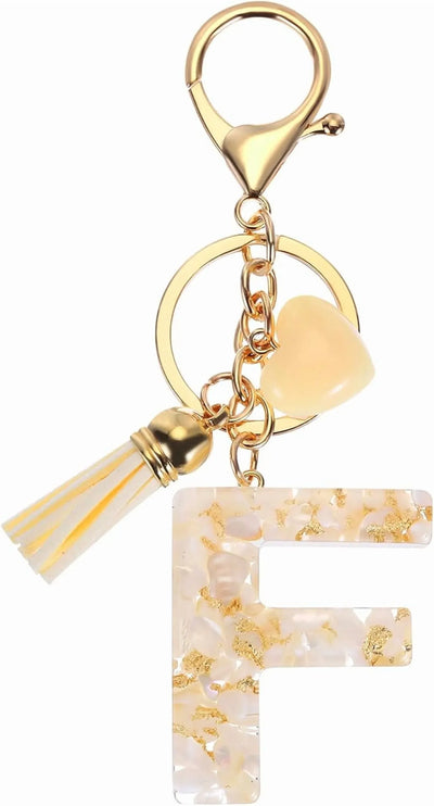 Letter F Keychain Charm with Tassel and Lobster Clasp for Bag Purse Keys, Pearl White and Gold, Daily Comfort Use
