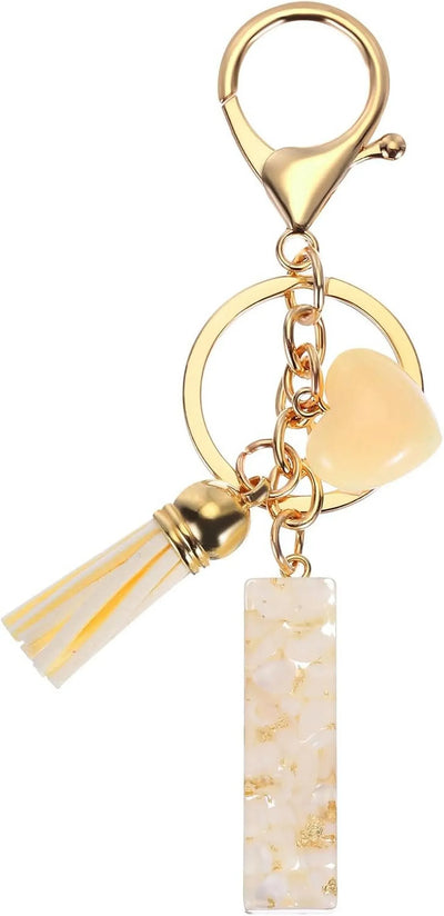 Tassel Keychain with Resin Bar Pendant and Lobster Clasp for Bag Purse Car Keys, Gold White, Letter I Option, Daily Comfort Use