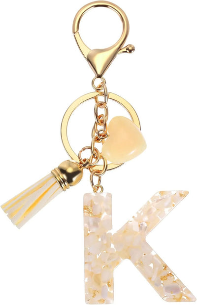Letter K Keychain Charm with Tassel and Marbled Pendant for Bag Purse Keys, Cream Gold, Daily Comfort Use, for Men Women and Everyday Wear