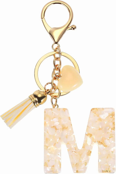 Initial Letter Keychain with Tassel and Gold Tone Clasp for Bags and Keys Cream Gold M, Letter M Option, Daily Comfort Use