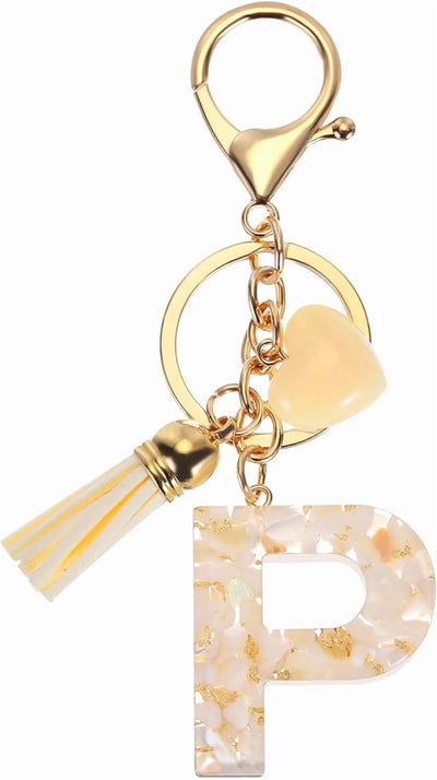Initial P Letter Keychain, Resin Alphabet Key Ring with Tassel and Lobster Clasp for Bags Keys Purse, Gold White